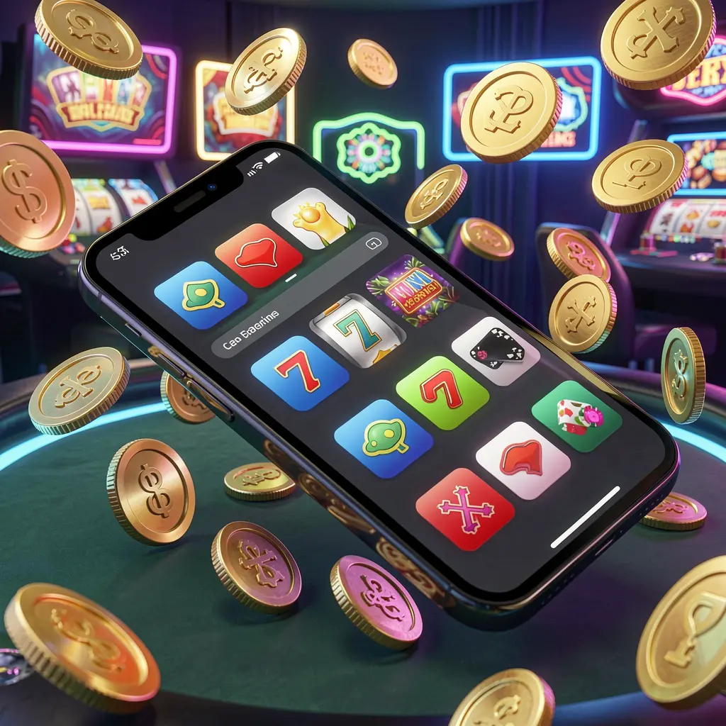 Render 3D realistis sebuah ponsel modern yang menampilkan aplikasi kasino Android 668K dengan ikon aplikasi, dikelilingi oleh koin emas dan simbol slot yang melayang dalam suasana kasino neon