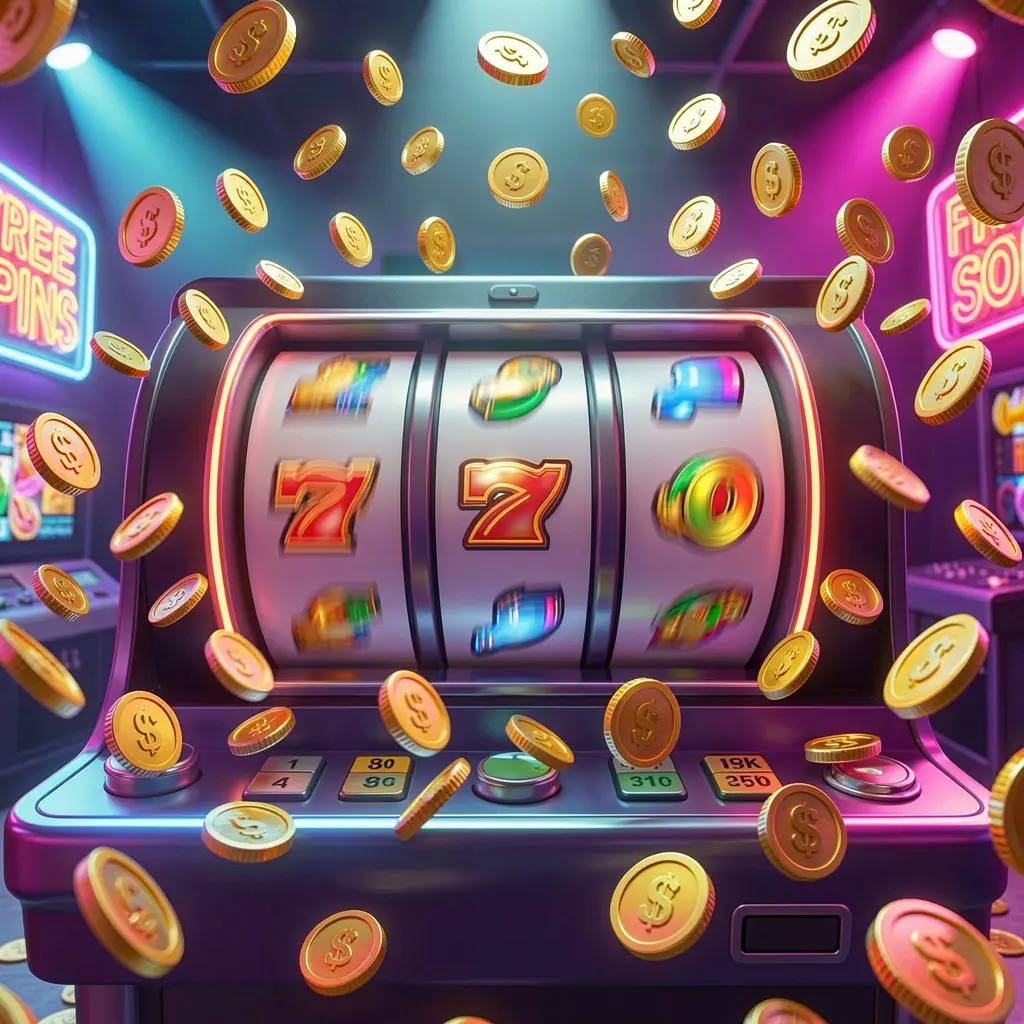 Gambar bonus kasino 668K yang menampilkan gulungan mesin slot berputar dengan koin emas beterbangan di mana-mana di bawah lampu neon warna-warni yang menciptakan suasana jackpot yang menarik
