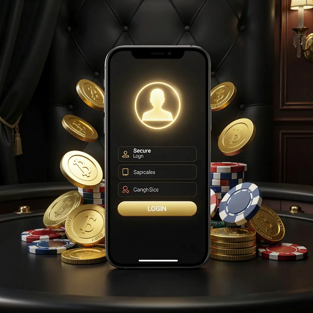 Banner utama halaman masuk kasino online 668K yang menampilkan ponsel pintar modern dengan layar masuk aman, ikon profil pengguna bercahaya, koin emas, dan chip poker yang mengelilinginya pada latar belakang mewah gelap