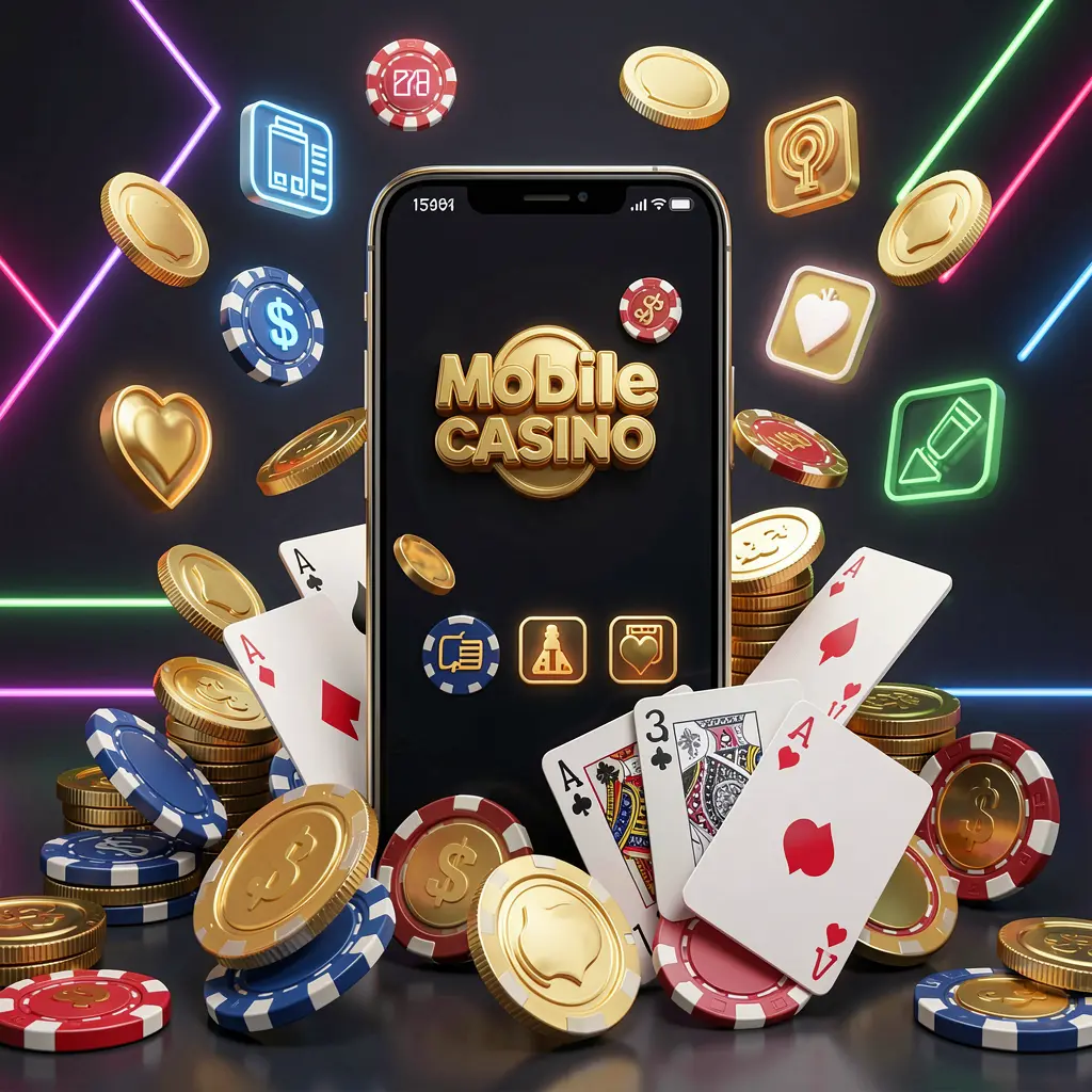 Konsep beranda kasino seluler 668K yang menampilkan ponsel pintar dikelilingi oleh koin emas, chip, kartu, dan ikon bercahaya pada latar belakang gelap modern dengan aksen neon